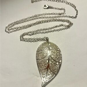 Intricate Silver Leaf Pendant Necklace 29” Length